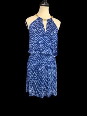 Michael Kors Blouson Gold Keyhole Chain-Neck Dress Blue Medium NWT Summer Party